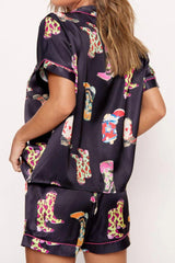 Printed Button Up Short Sleeve Top and Shorts Lounge Set - 808Lush