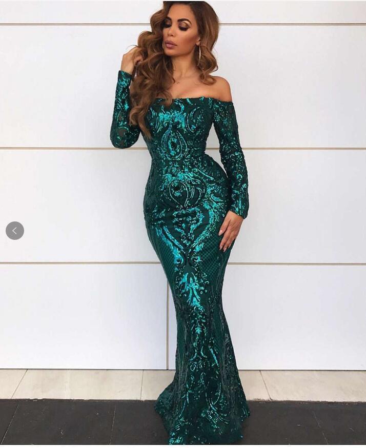 Cocktail Evening Dress Sexy off-Shoulder Long Sleeve Sequined Fishtail Dress - 808Lush