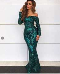 Cocktail Evening Dress Sexy off-Shoulder Long Sleeve Sequined Fishtail Dress - 808Lush