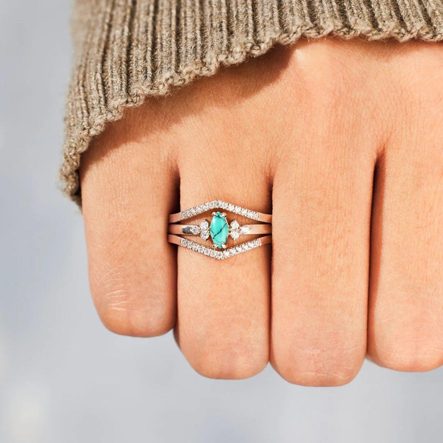 Artificial Turquoise V Shape Inlaid Zircon Ring - 808Lush