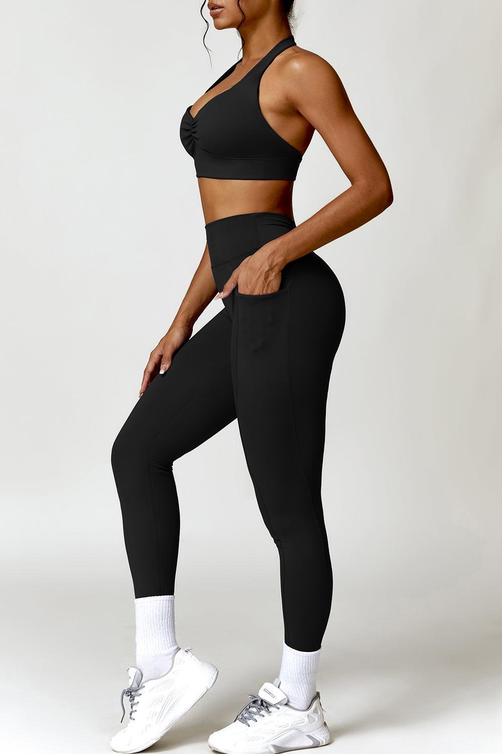 Ruched Halter Neck Bra and Pocketed Leggings Active Set - 808Lush