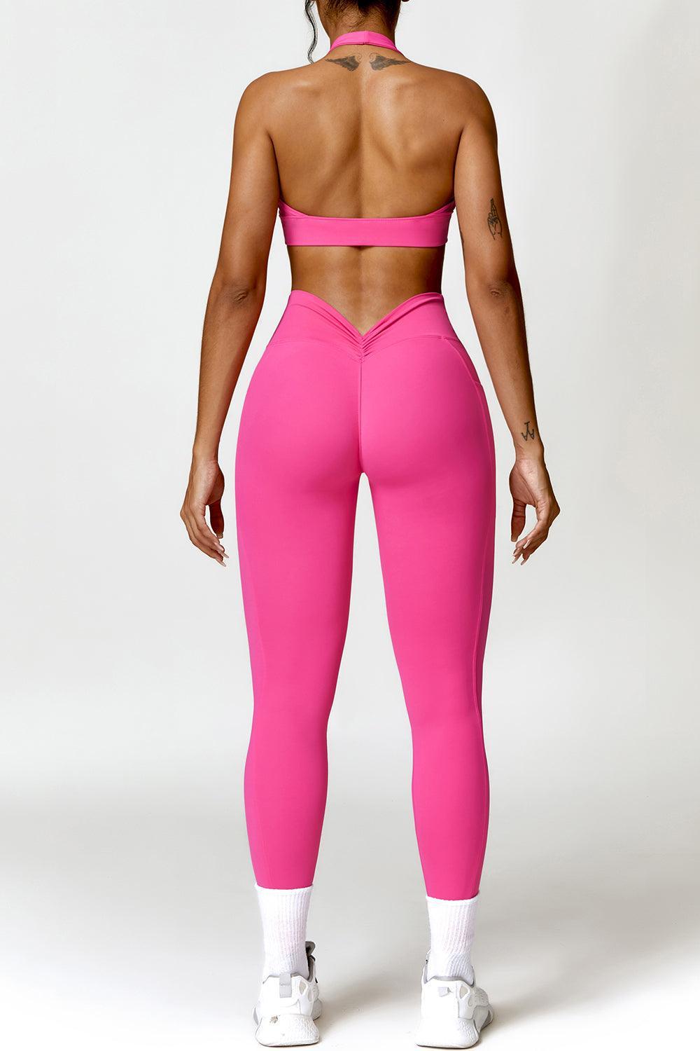 Ruched Halter Neck Bra and Pocketed Leggings Active Set - 808Lush