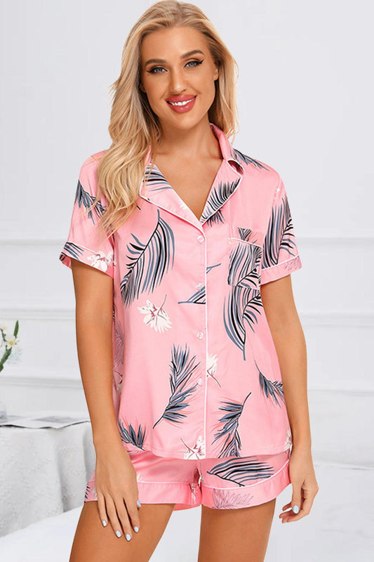 Printed Button Up Short Sleeve Top and Shorts Lounge Set - 808Lush