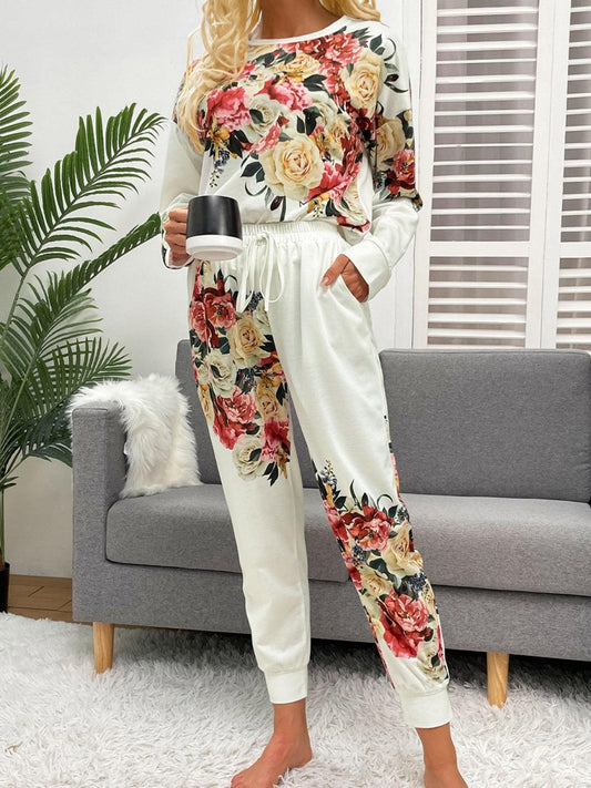 Printed Round Neck Top and Pants Lounge Set - 808Lush
