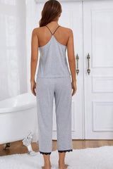 Halter Neck Cami and Lace Trim Pajama Set - 808Lush