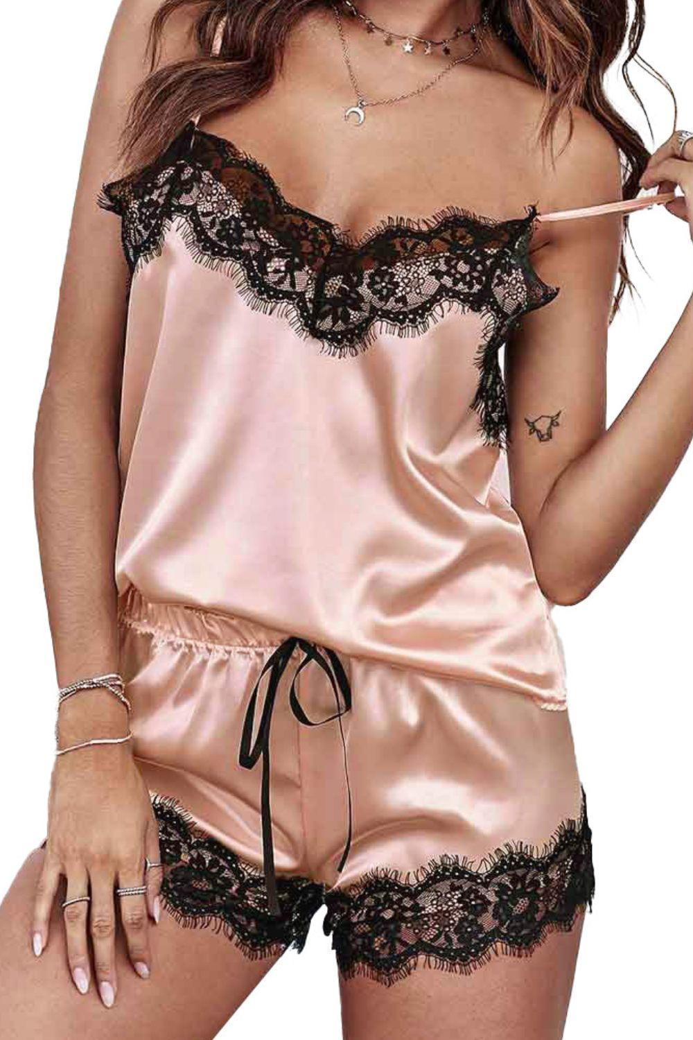 Lace Detail Spaghetti Strap Top and Shorts Lounge Set - 808Lush