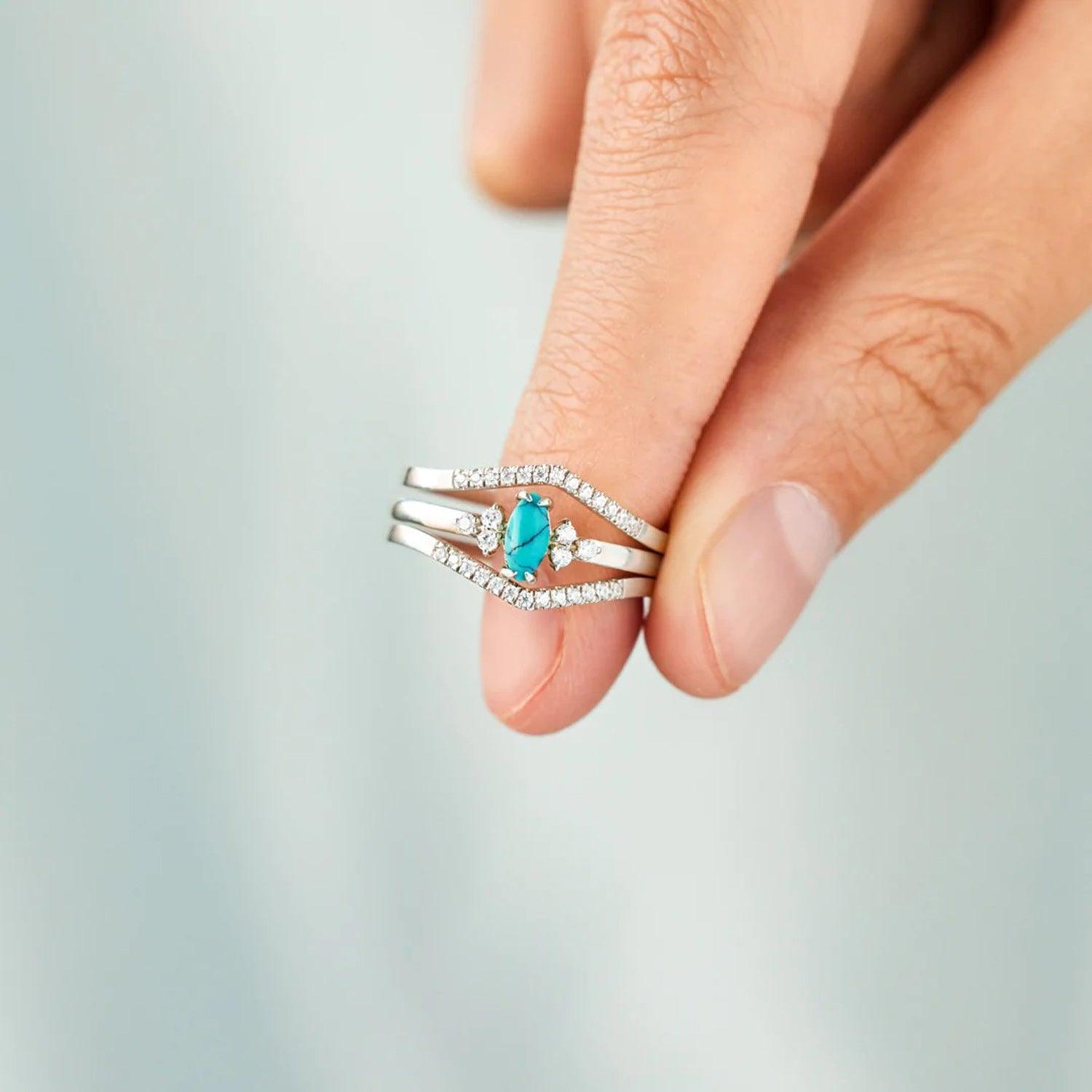 Artificial Turquoise V Shape Inlaid Zircon Ring - 808Lush