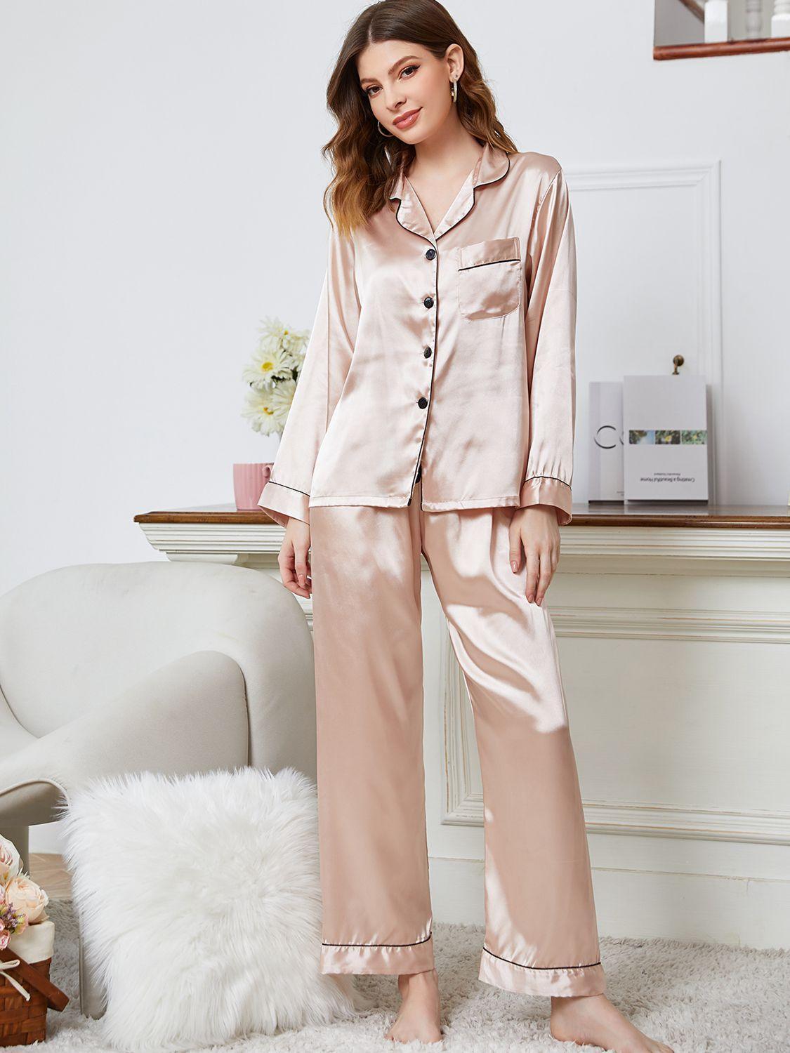 Lapel Collar Long Sleeve Top and Pants Pajama Set - 808Lush