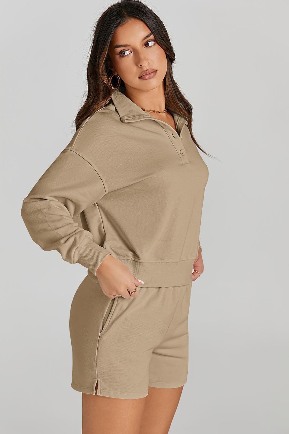 Half Button Sweatshirt and Shorts Active Set - 808Lush