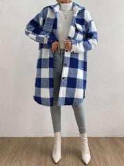 Autumn and winter open buckle lapel plush plaid coat loose temperament commuter long coat - 808Lush