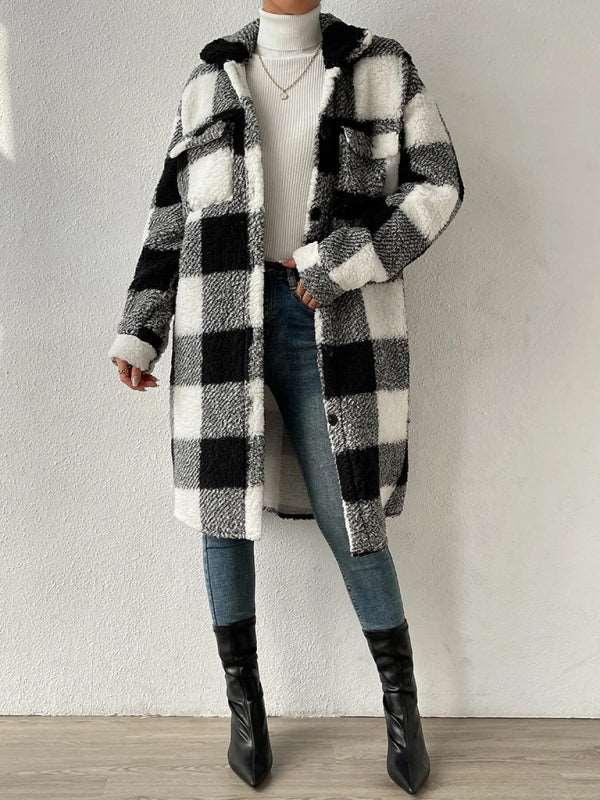 Autumn and winter open buckle lapel plush plaid coat loose temperament commuter long coat - 808Lush