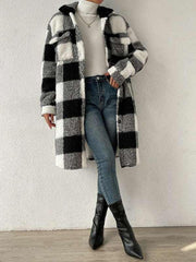 Autumn and winter open buckle lapel plush plaid coat loose temperament commuter long coat - 808Lush