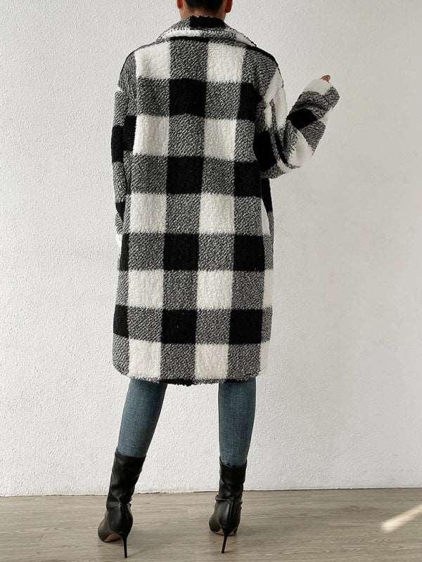 Autumn and winter open buckle lapel plush plaid coat loose temperament commuter long coat - 808Lush