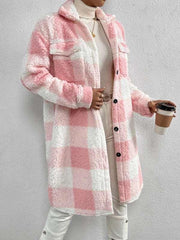 Autumn and winter open buckle lapel plush plaid coat loose temperament commuter long coat - 808Lush