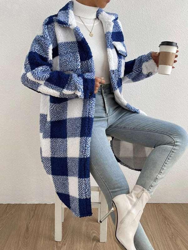 Autumn and winter open buckle lapel plush plaid coat loose temperament commuter long coat - 808Lush