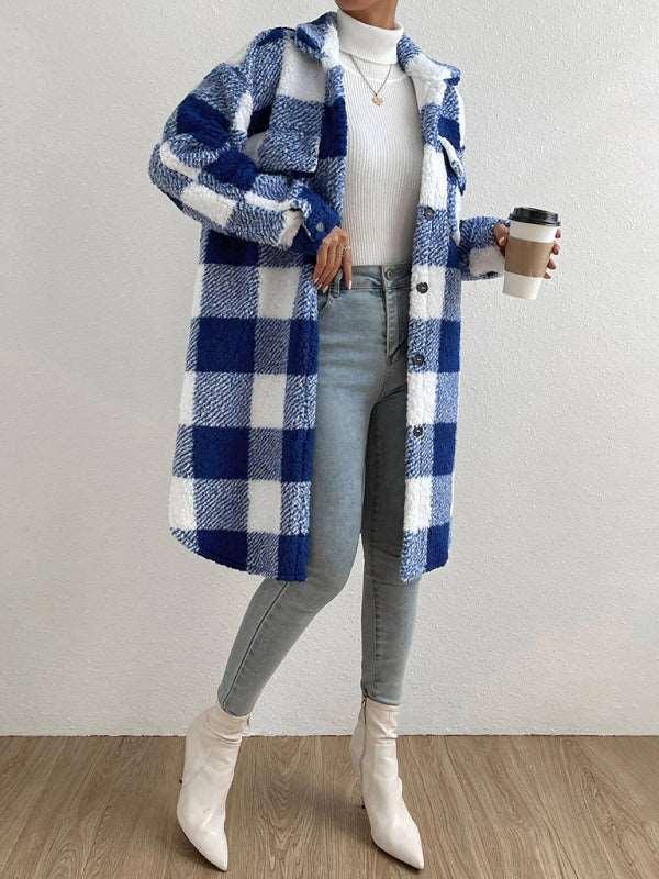 Autumn and winter open buckle lapel plush plaid coat loose temperament commuter long coat - 808Lush