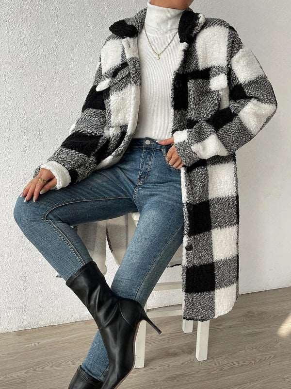 Autumn and winter open buckle lapel plush plaid coat loose temperament commuter long coat - 808Lush