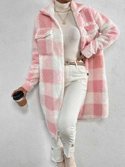 Autumn and winter open buckle lapel plush plaid coat loose temperament commuter long coat - 808Lush