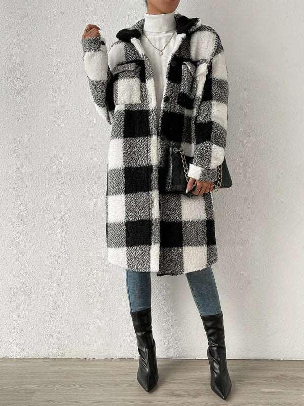 Autumn and winter open buckle lapel plush plaid coat loose temperament commuter long coat - 808Lush