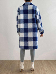 Autumn and winter open buckle lapel plush plaid coat loose temperament commuter long coat - 808Lush