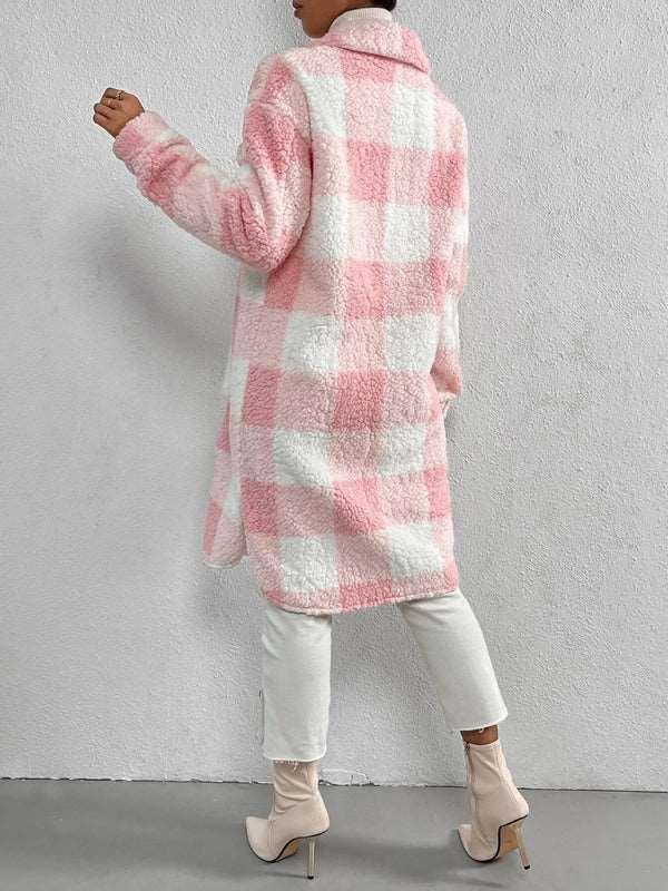 Autumn and winter open buckle lapel plush plaid coat loose temperament commuter long coat - 808Lush