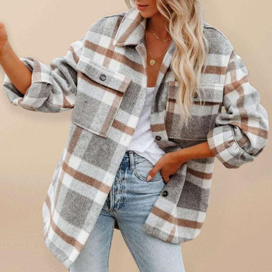 Autumn and winter women's autumn and winter long-sleeved lapel loose plaid woolen coat - 808Lush