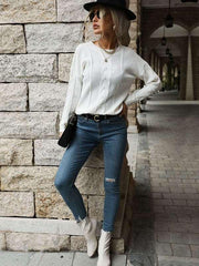 Autumn and winter women's twist long sleeve white sweater - 808Lush