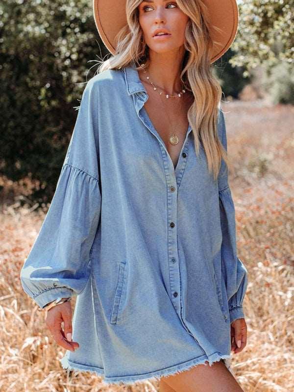 Balloon Sleeve Short Dress Vintage Fashion Loose Denim Dress - 808Lush