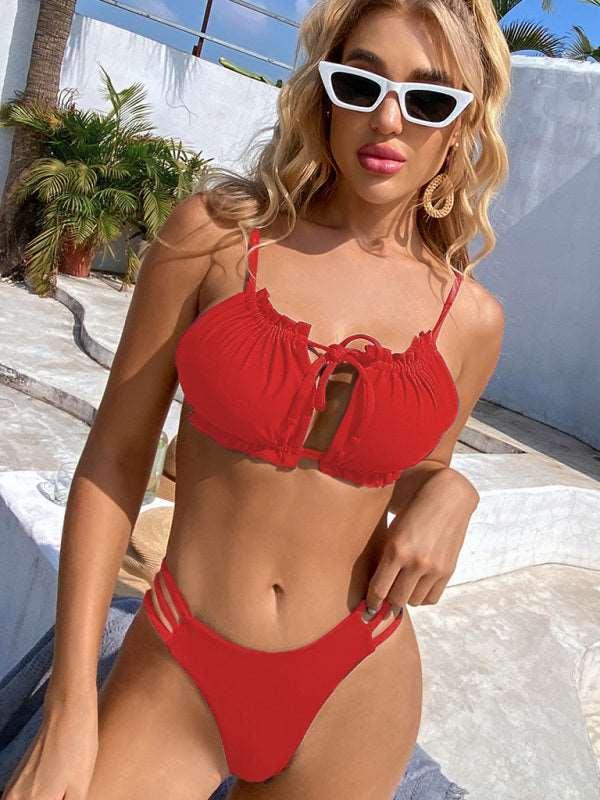 Bikini Solid Color Halter Sexy Hollow Beach Vacation Ladies Swimwear - 808Lush