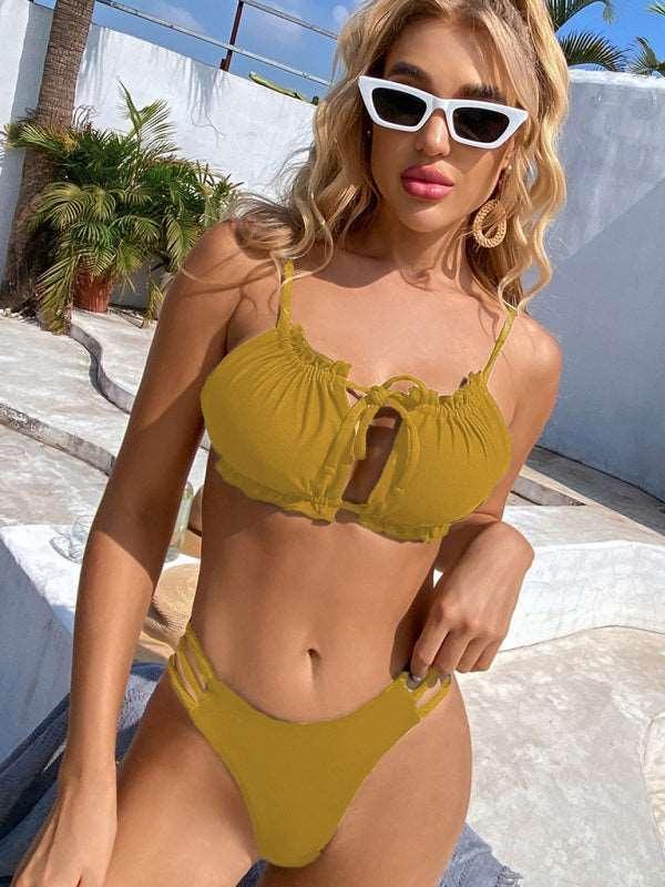 Bikini Solid Color Halter Sexy Hollow Beach Vacation Ladies Swimwear - 808Lush