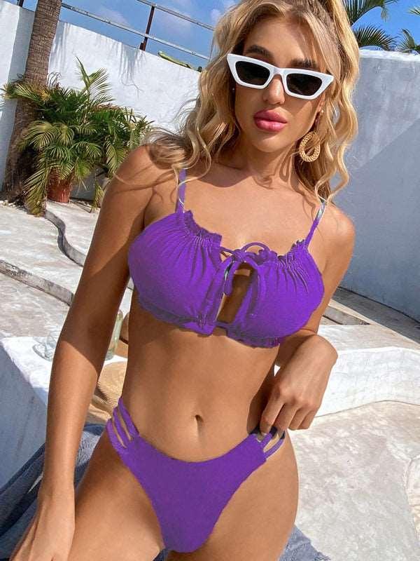 Bikini Solid Color Halter Sexy Hollow Beach Vacation Ladies Swimwear - 808Lush