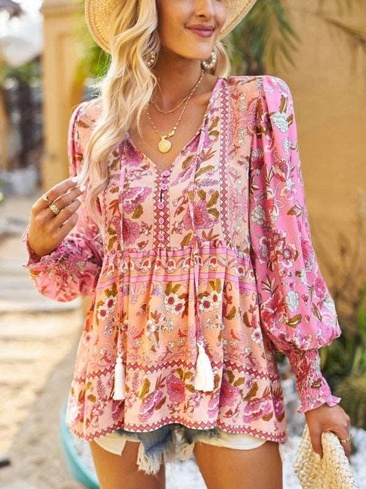 Bohemian casual style cotton printed long-sleeved shirt for women - 808Lush