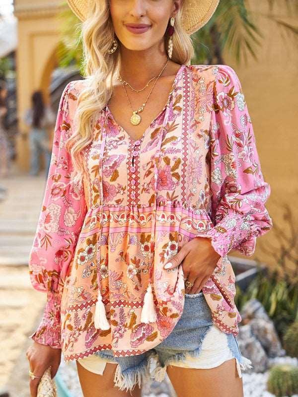 Bohemian casual style cotton printed long-sleeved shirt for women - 808Lush