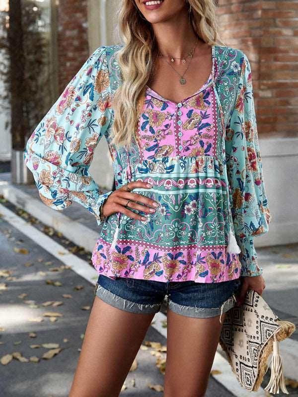 Bohemian casual style cotton printed long-sleeved shirt for women - 808Lush