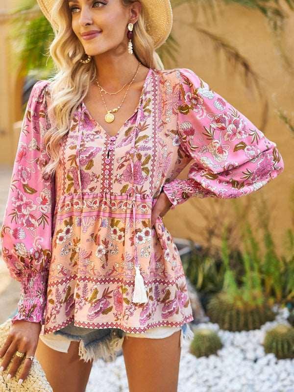 Bohemian casual style cotton printed long-sleeved shirt for women - 808Lush