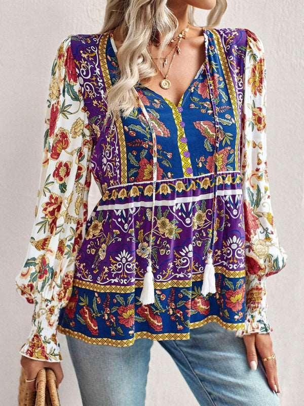 Bohemian casual style cotton printed long-sleeved shirt for women - 808Lush