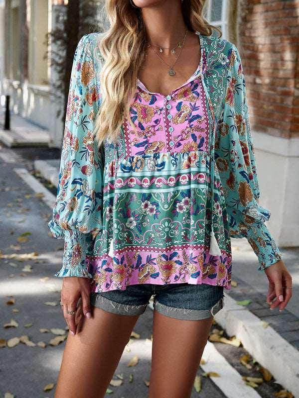 Bohemian casual style cotton printed long-sleeved shirt for women - 808Lush