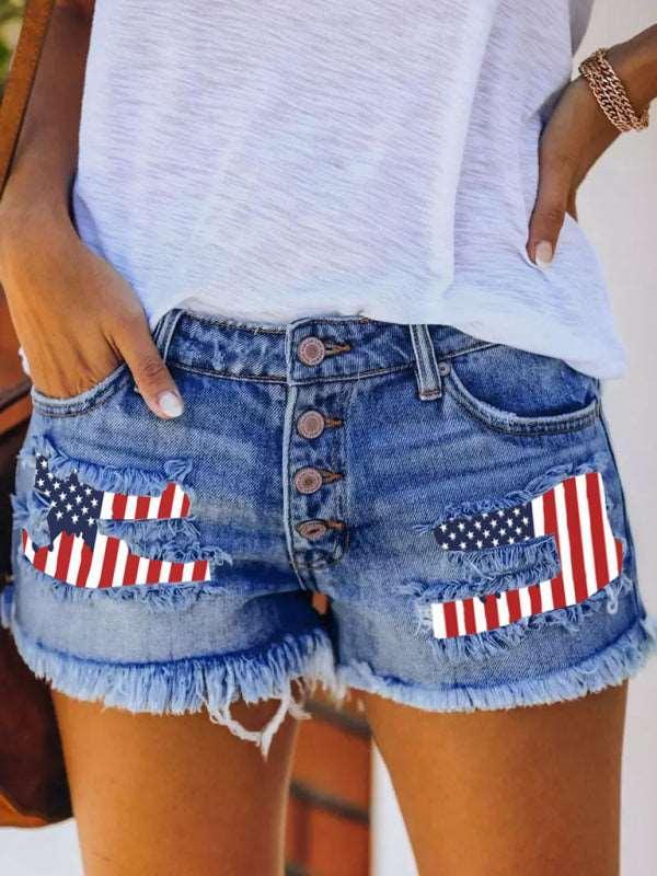 Button-breasted printed patch denim shorts with ripped fringed hot pants - 808Lush