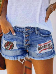 Button-breasted printed patch denim shorts with ripped fringed hot pants - 808Lush