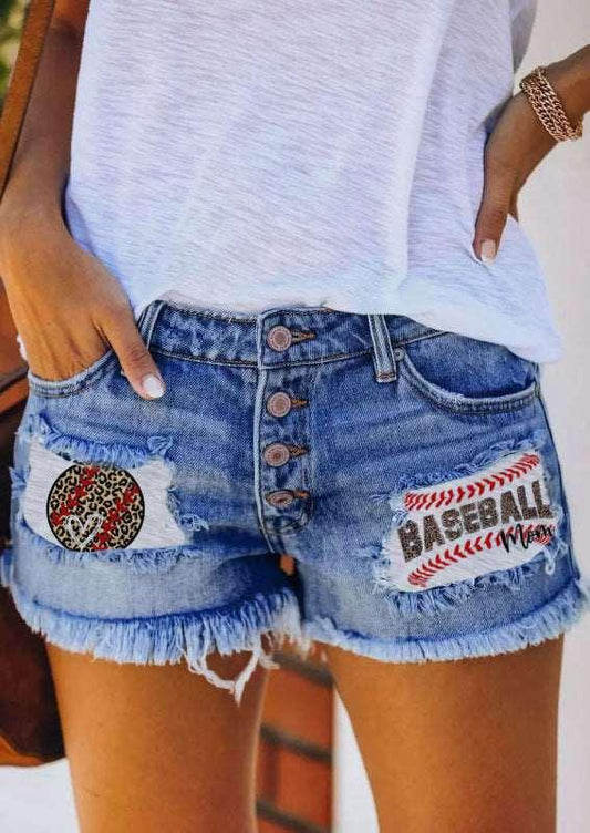 Button-breasted printed patch denim shorts with ripped fringed hot pants - 808Lush