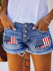 Button-breasted printed patch denim shorts with ripped fringed hot pants - 808Lush