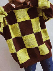 Casual Checkerboard Colorblock Crewneck Long Sleeve Sweater - 808Lush