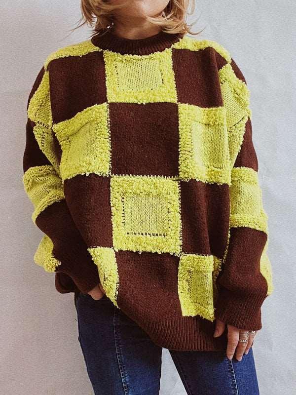 Casual Checkerboard Colorblock Crewneck Long Sleeve Sweater - 808Lush