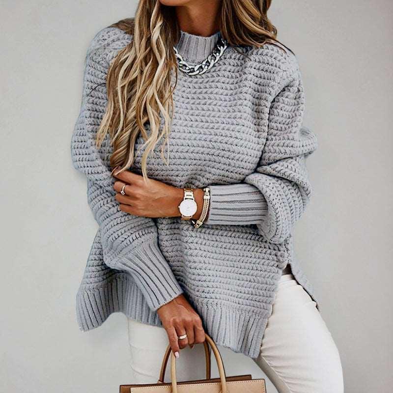 Casual Half Turtleneck Dropped Sleeve Side Slit Sweater - 808Lush