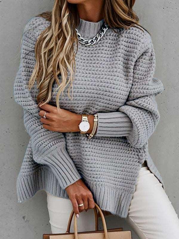 Casual Half Turtleneck Dropped Sleeve Side Slit Sweater - 808Lush