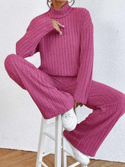 Casual high collar knitted long sleeve women's knitted two-piece set - 808Lush