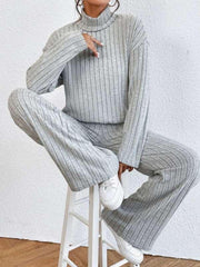 Casual high collar knitted long sleeve women's knitted two-piece set - 808Lush