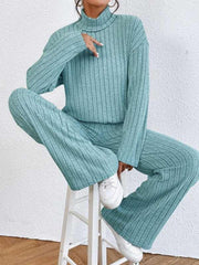 Casual high collar knitted long sleeve women's knitted two-piece set - 808Lush