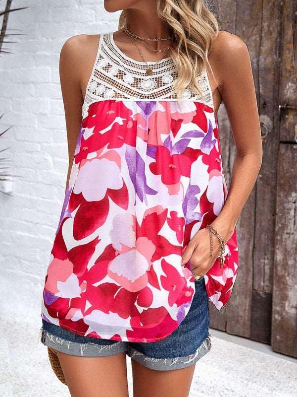 Casual lace paneled sleeveless round neck printed top - 808Lush