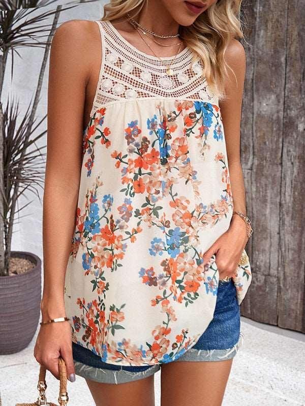 Casual lace paneled sleeveless round neck printed top - 808Lush